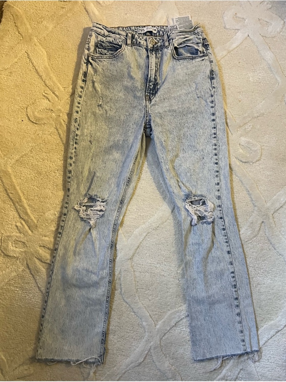 Zara Light Blue Distressed Straight Leg Jeans